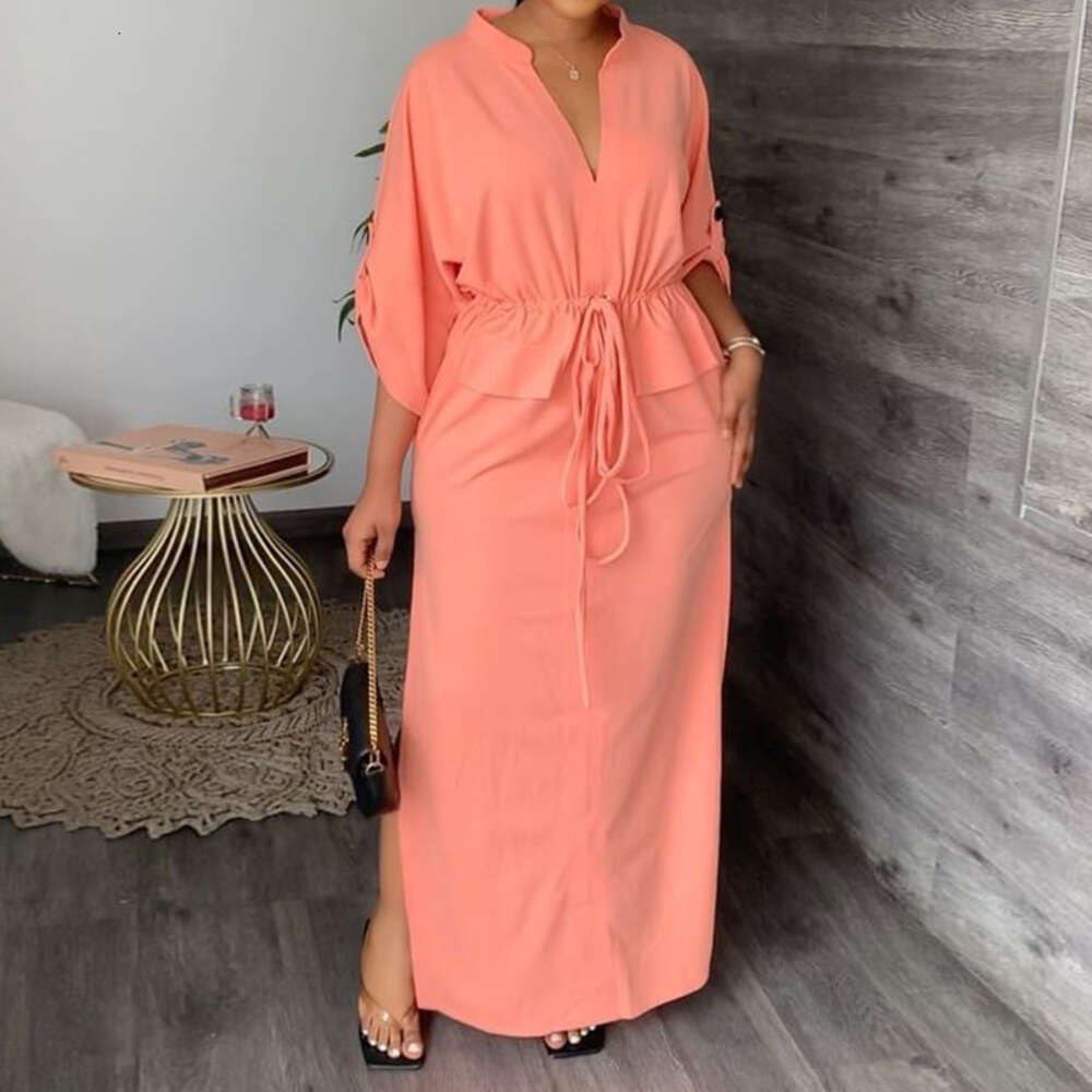 2024 Summer New Women's Style V-neck Lace Waist Loose Casual Split Dress F51736