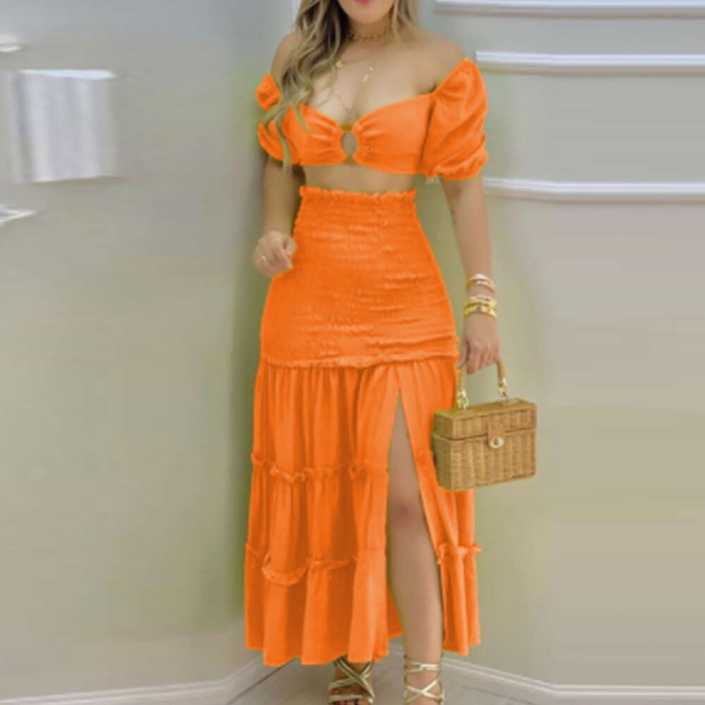 2024 Summer New Women's One Shoulder Printed Split Skirt Two Piece Set F51740
