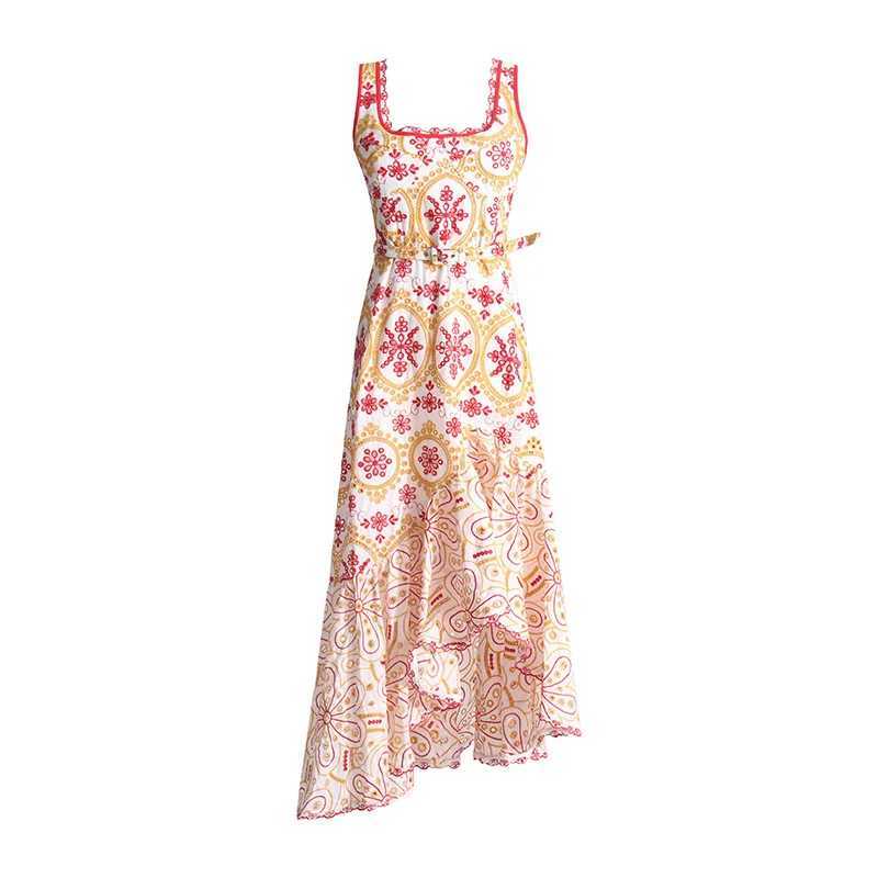 Basic Casual Dresses Slim Embroidery Dresses For Women Square Collar Slveless High Waist Backless Print Dress Female Fashion 2024 New Y240515