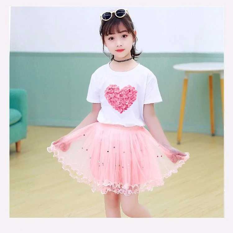 Clothing Sets Summer Little Girl Clothing Cute Cat T-shirt and Mesh Tutu Ski Two Piece Fashion Korean Childrens Clothing Set 3-14 Years WX