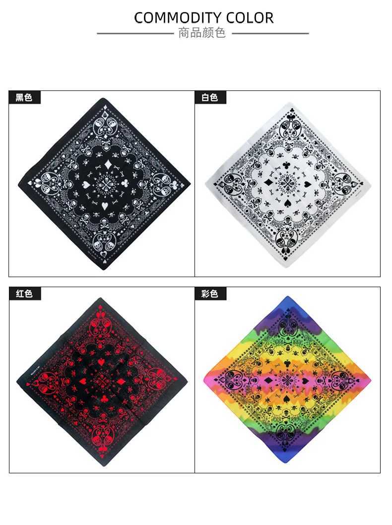 Bandanas Durag 55cm White Black Red Skull Geometric Bandana Unisex Harajuku Hip Hop Square Headband Motorcycle Sports Hair Wr Wristband J240516