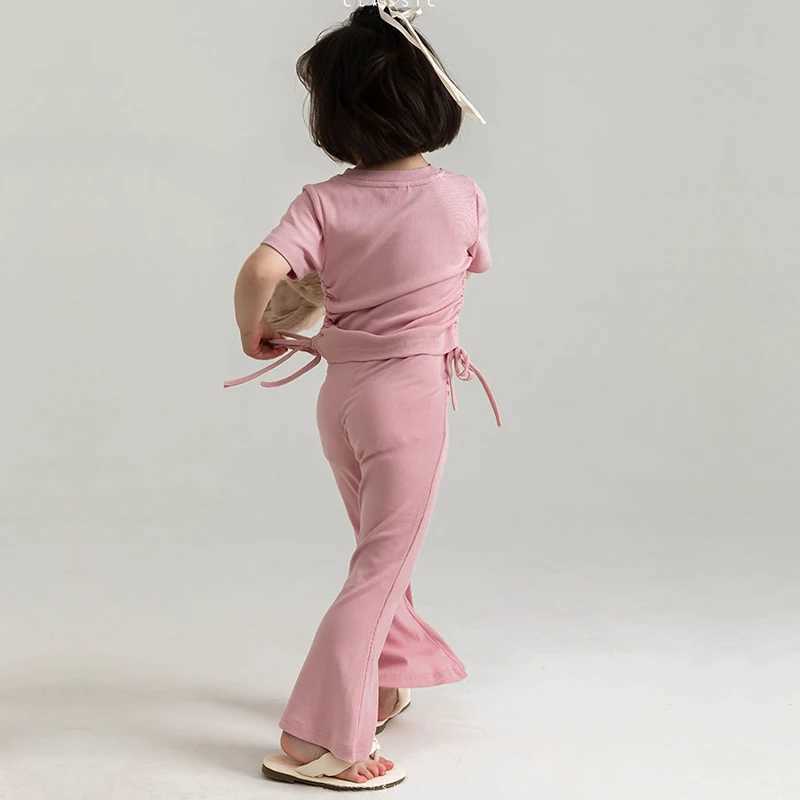 Clothing Sets 2 pieces of summer childrens and girls solid color ribbon dress childrens soft T-shirt top+elastic waist Bell bottom flash leg pants set