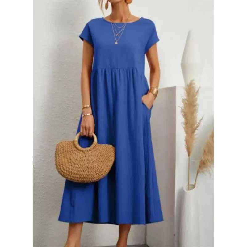 Basic Casual Dresses Solid Color Casual Loose Summer Long Dresses For Women 2023 Trendy Elegant Vintage Womens Plus Size Short Slve O-Neck Dress Y2405