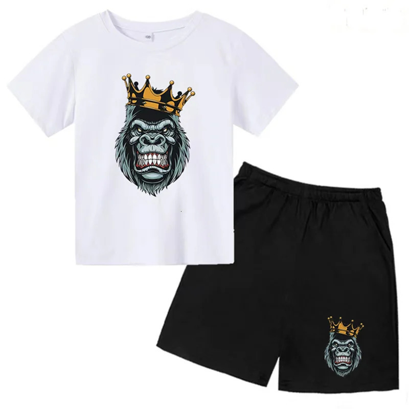Kids Summer Short Sleeve T-shirt Boys Girls Toddlers 3-12Y Animal Gorilla Top Shorts 2P Cute Fun Pretty Girl Clothes Casual Set 240517
