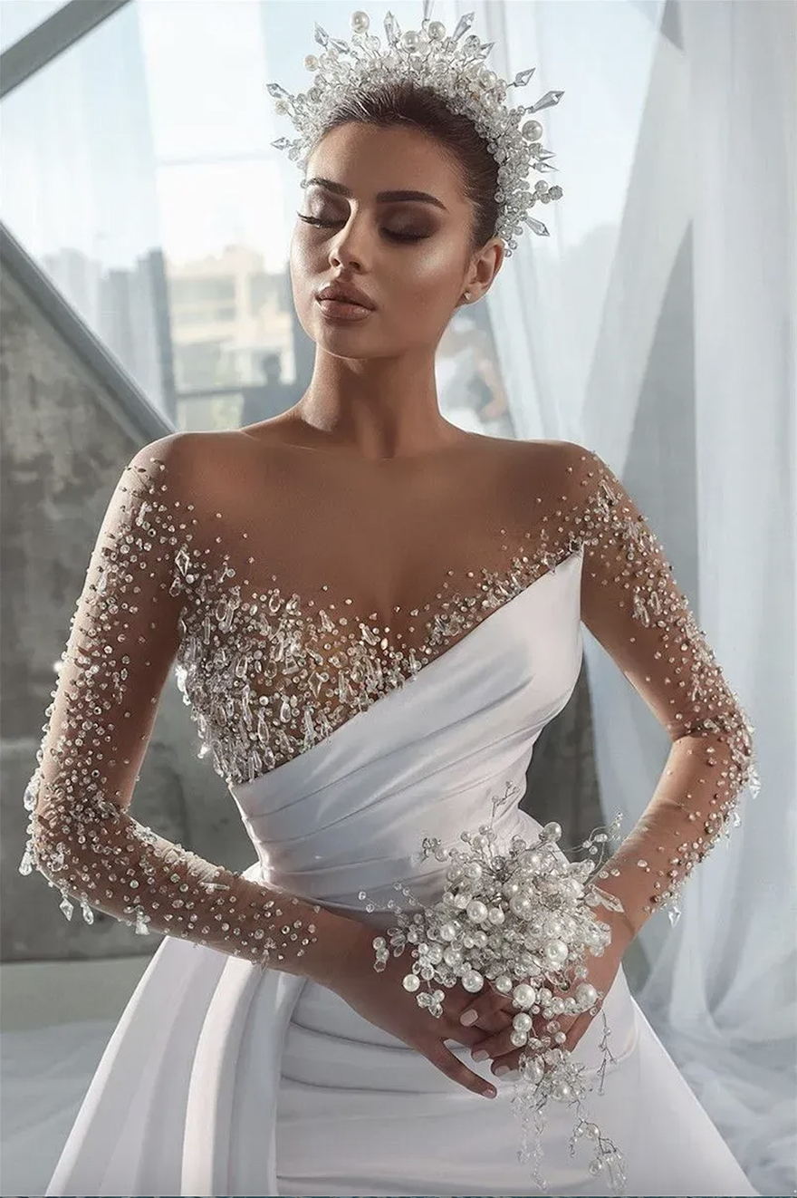 Elegant Sexy Beads Mermaid Wedding Dresses Sheer Long Sleeve Crystals Jewel Neck Arabic Dubai Bridal Gowns with Detachable Skirt