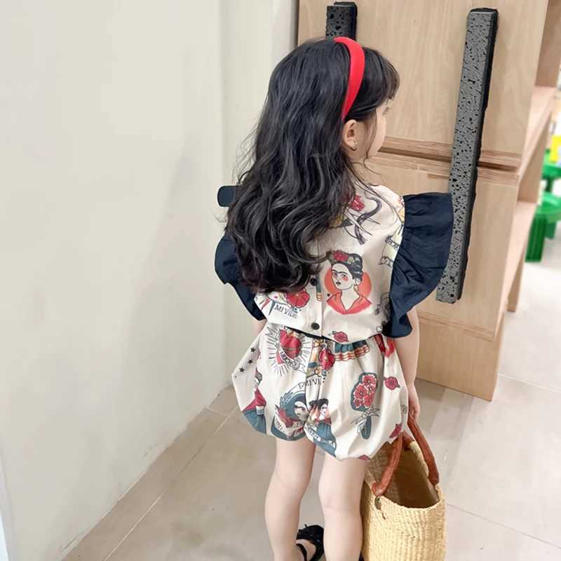 Clothing Sets Ruffled design girl sleeveless shirt and shorts set vacation style beach set round neck childrens girl fashion two-piece set WX