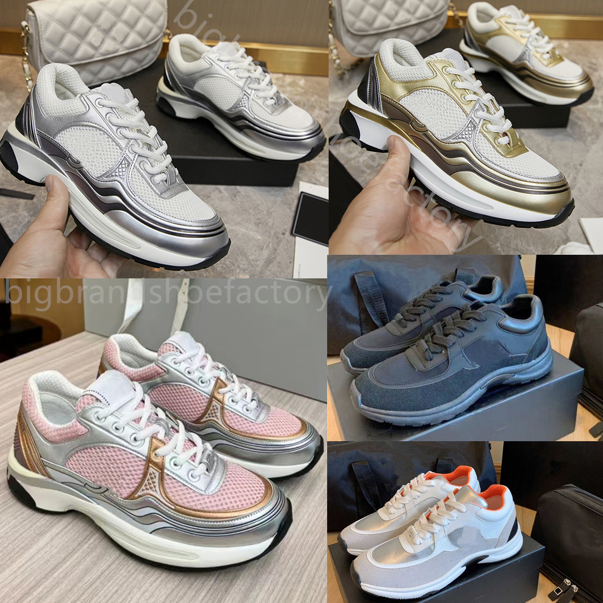 designer Women Leisure Sneaker Calfskin Shoes Vintage Trainers Reflective Sneakers Fashion Leather chan Platform nel Lace-up Print out of office sneaker