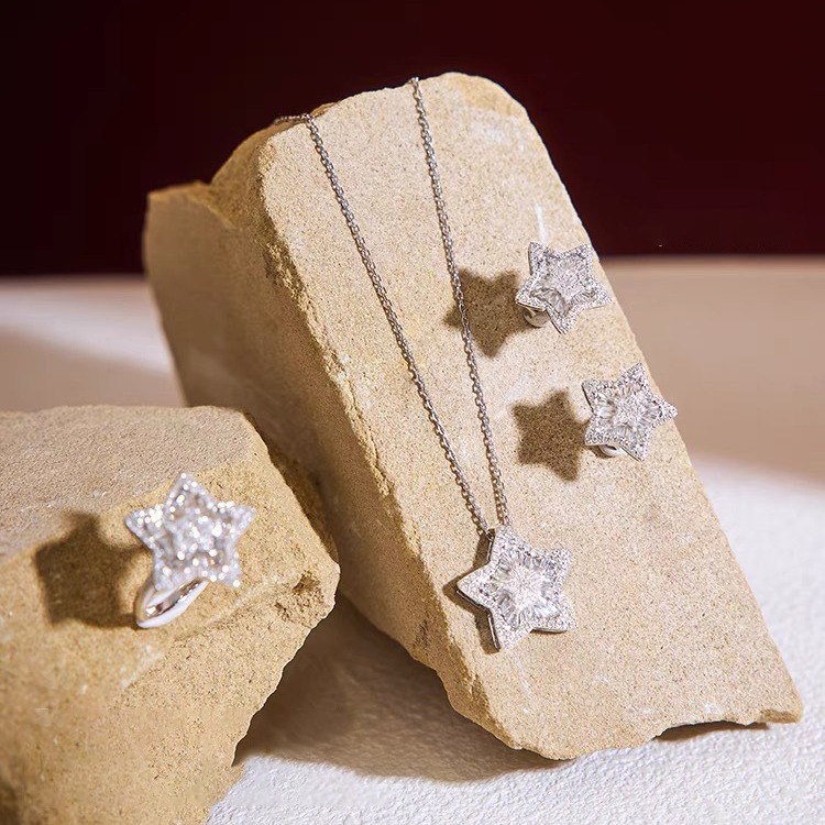 2024 Women's Fashion Wedding Jewelry Sets 925 Sterling Silver Fill Princess Cut White 5A Cubic Zircon CZ Diamond Open Ring Five Star Stud Earring