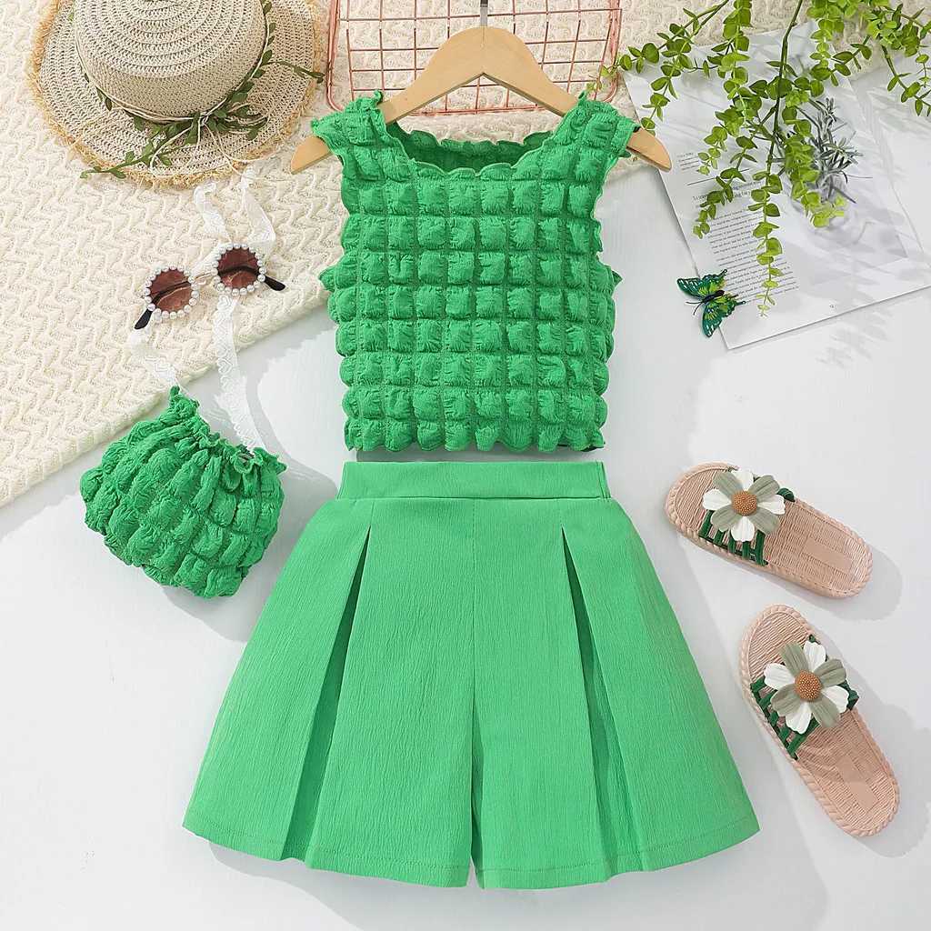 Clothing Sets 3-piece Youth Girls Sleeveless Top+Shorts+Bag 8 9 10 11 12Y Summer Korean Casual Comfortable Childrens and Girls Set WX