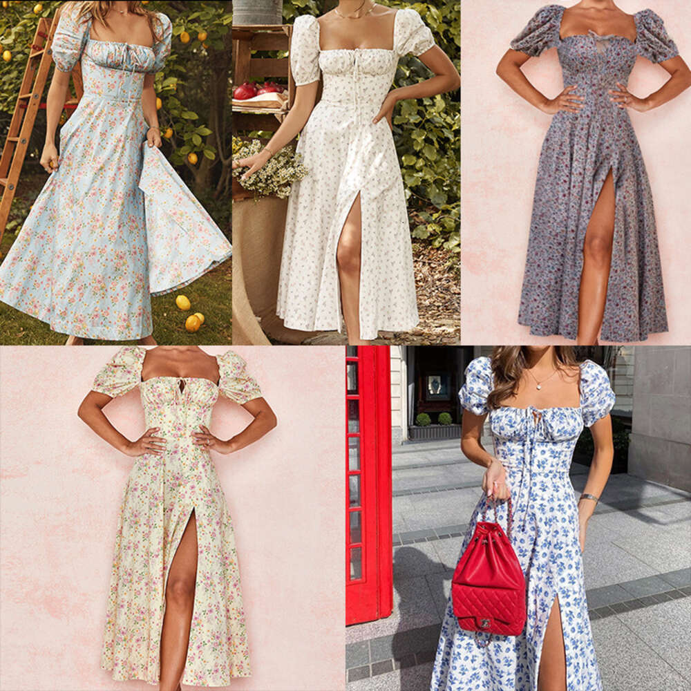 2024 Summer Women's New Fragmented Flower Square Neck Ladies Split Large hem Dress F51734