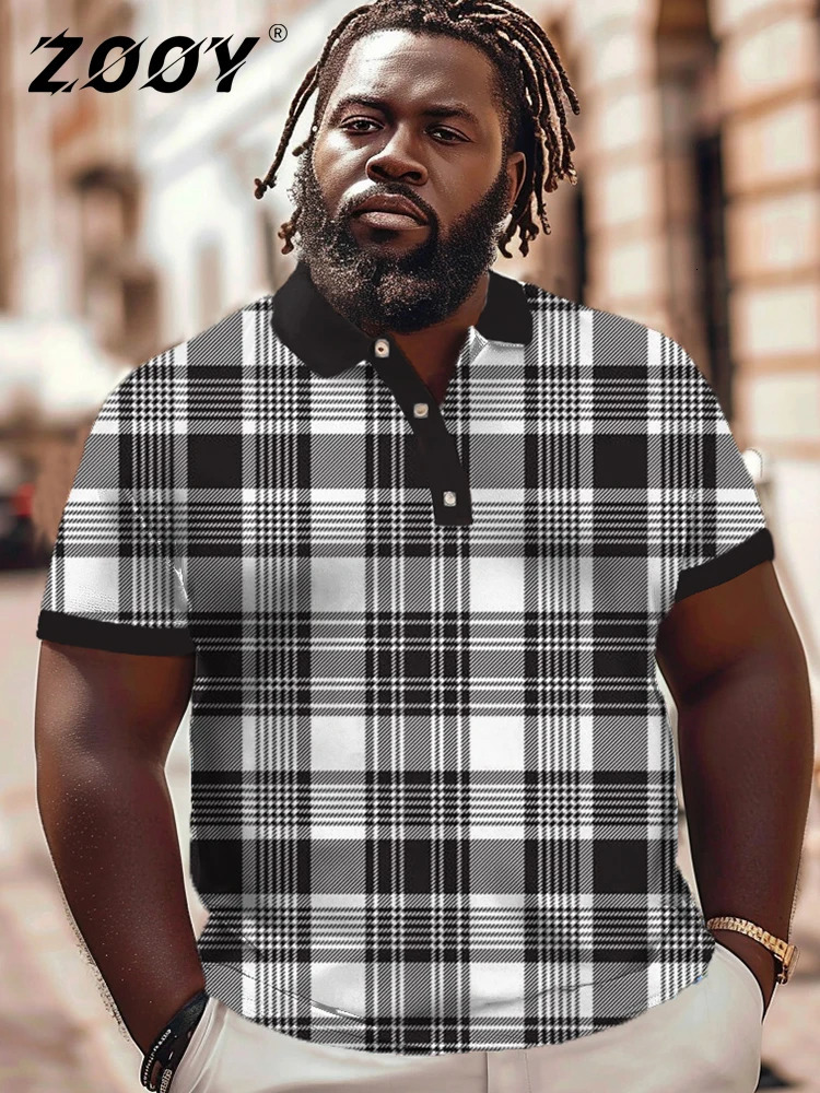 ZOOY L9XL Mens Plus Size Chest 202cm Summer Personalized Plaid Pattern Short sleeved Polo Shirt Tshirt 240507