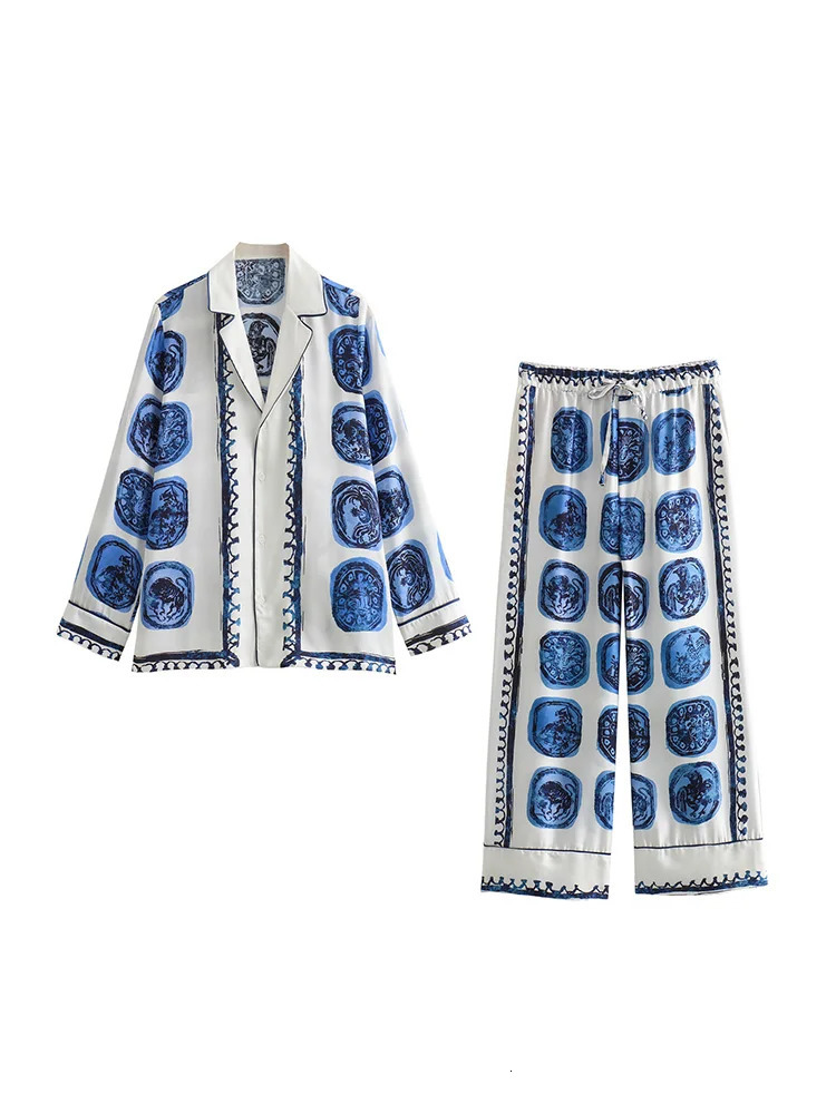 Two Piece Set For Women Outfit Spring Vintage Print Pant Sets Notched Lapel Shirt And Straight Leg Trousers Co Ord 240514