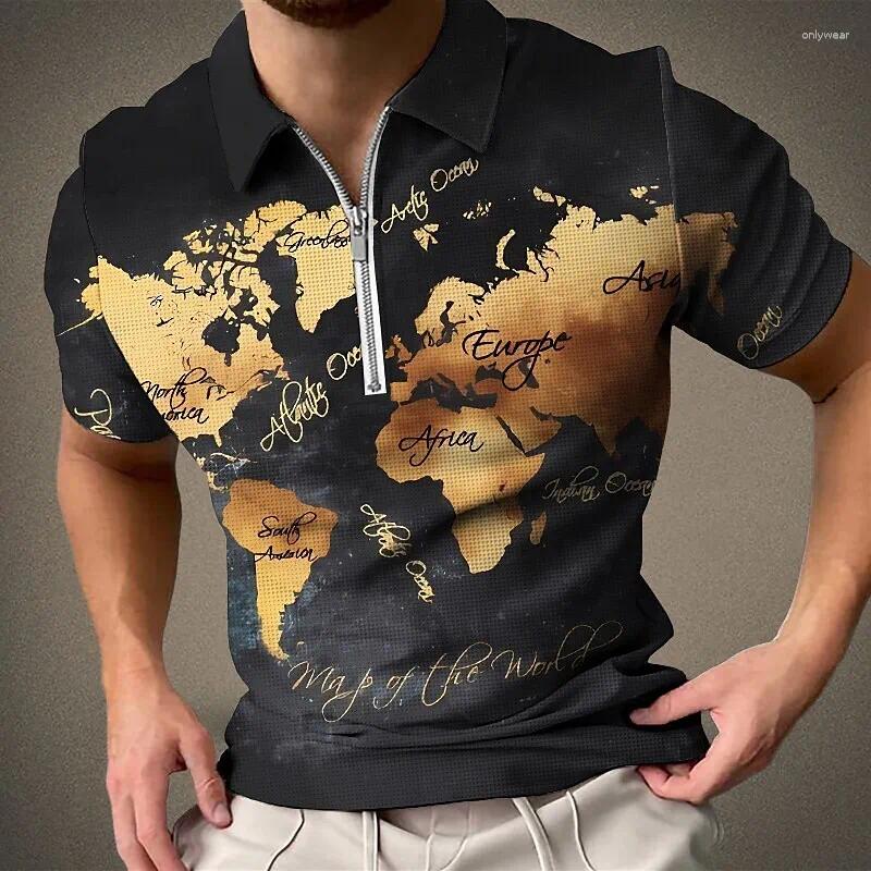 Men's Polos Outdoor Casual Vintage Street Comfortable Lightweight Wear Resistant Zippered Pattern Print Lapel Short Sleeve Polo Shirt