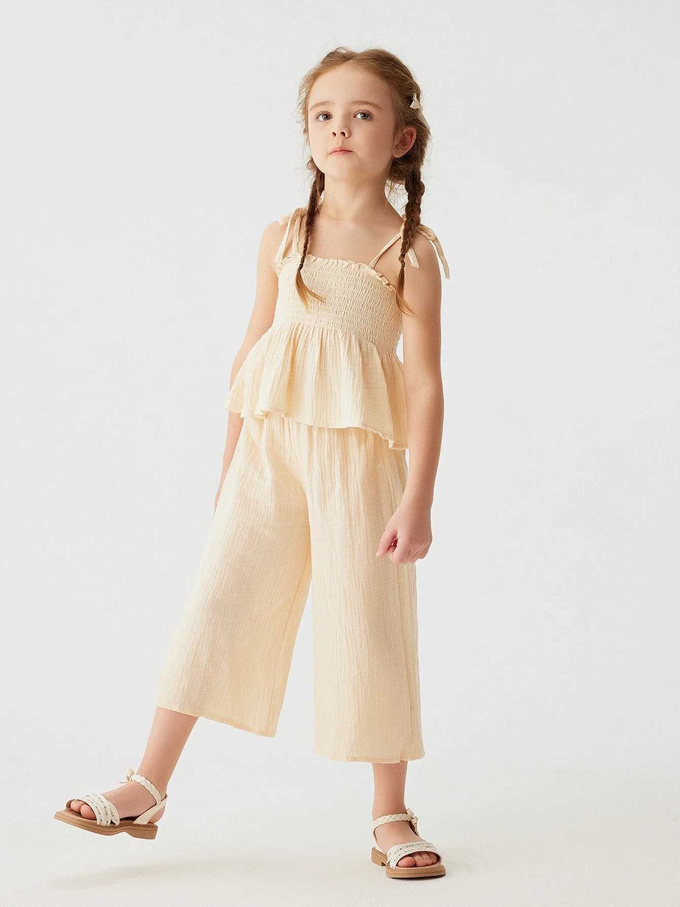 Clothing Sets Summer Girls Fine Cotton Top+Pants 2PCS Clothing Set Camissol Wide Legs Solid Casual Beach Soft Set WX