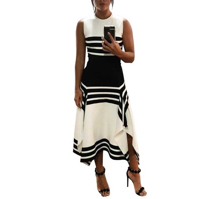 Dresses Basic Casual Summer Womens Fashion Slveless Round Neck Striped Black And White Patchwork Dress Casual Base Skirt Y2