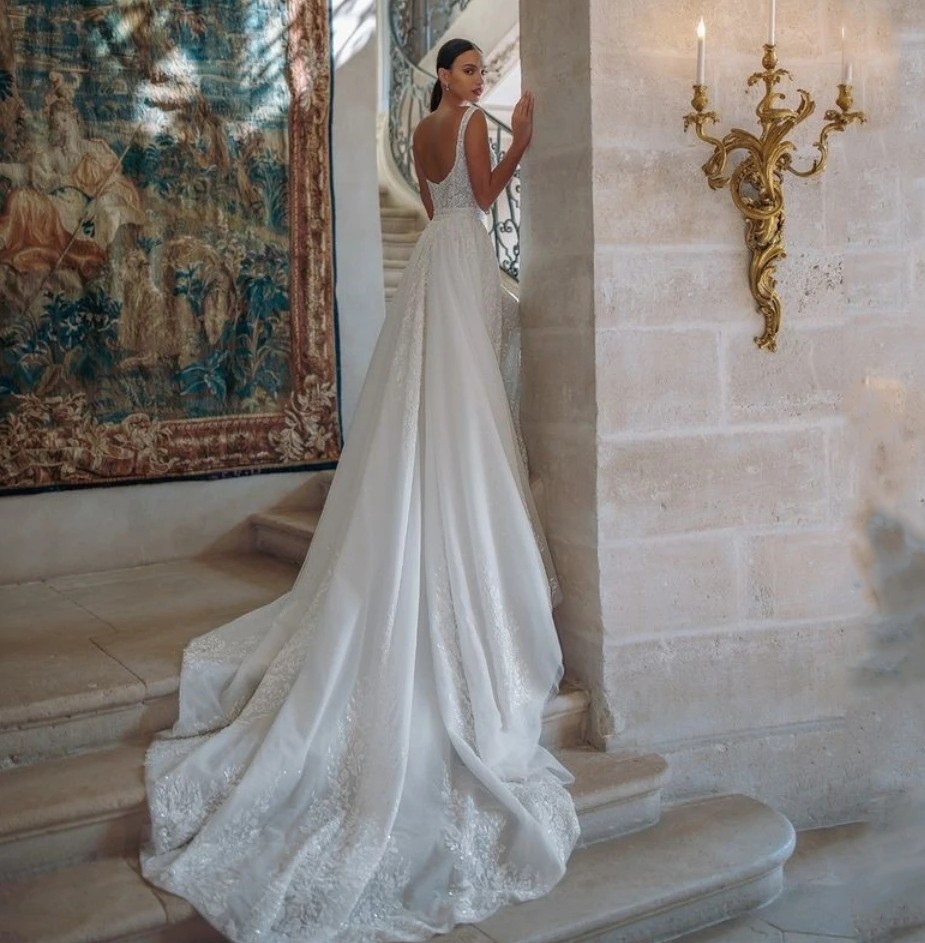Exquisite Wedding Dress For Woman 2025 Square Neck Mermaid Lace Appliques Beads Sequins Bridal Gown Tulle Sweep Train Vestidos De Novia