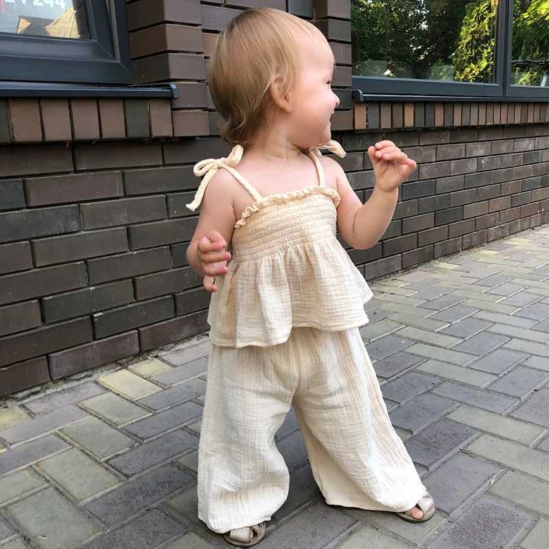 Clothing Sets Baby girl fine cotton cloth set for girls childrens newborn clothing summer solid color sleeveless shorts+wide leg pants WX