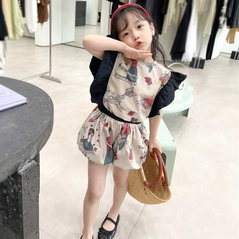 Clothing Sets Ruffled design girl sleeveless shirt and shorts set vacation style beach set round neck childrens girl fashion two-piece set WX