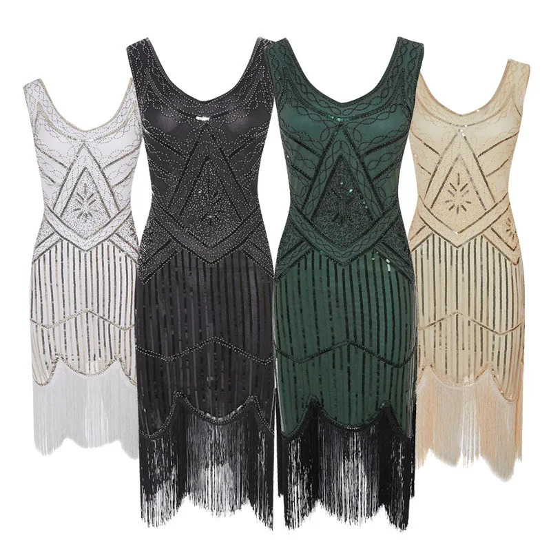 Women Party Dress 1920 s Great Gatsby Flapper Vestidos Sequin Bead Fringe Dress Evening V Neck Embellished Fringed Sleeveless 240517