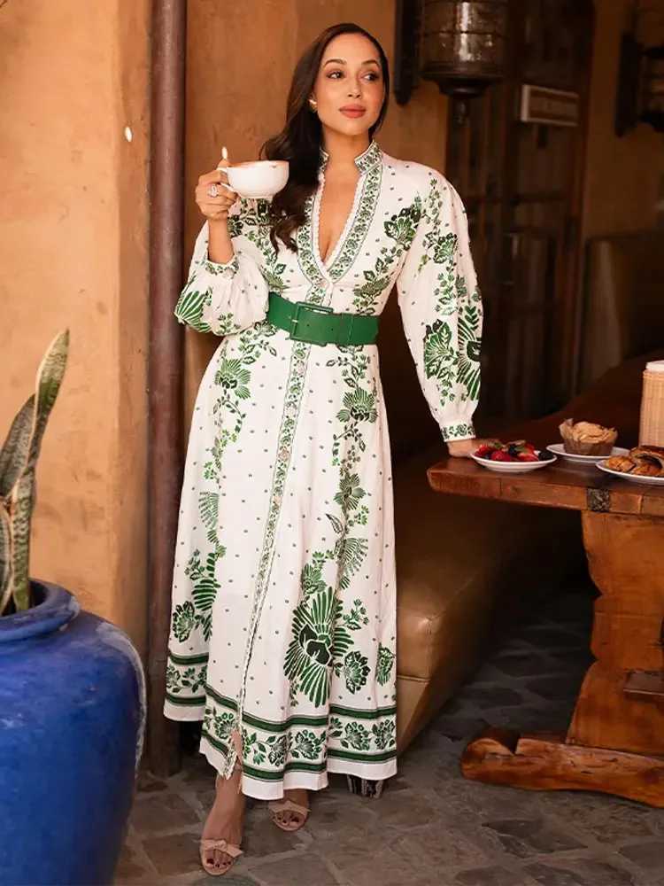Basic Casual Dresses Fashion Print Single Breast Maxi Dress For Women V Neck Long Lantern Slve Loose Robes 2024 New Female Holiday Vestidos Y240515
