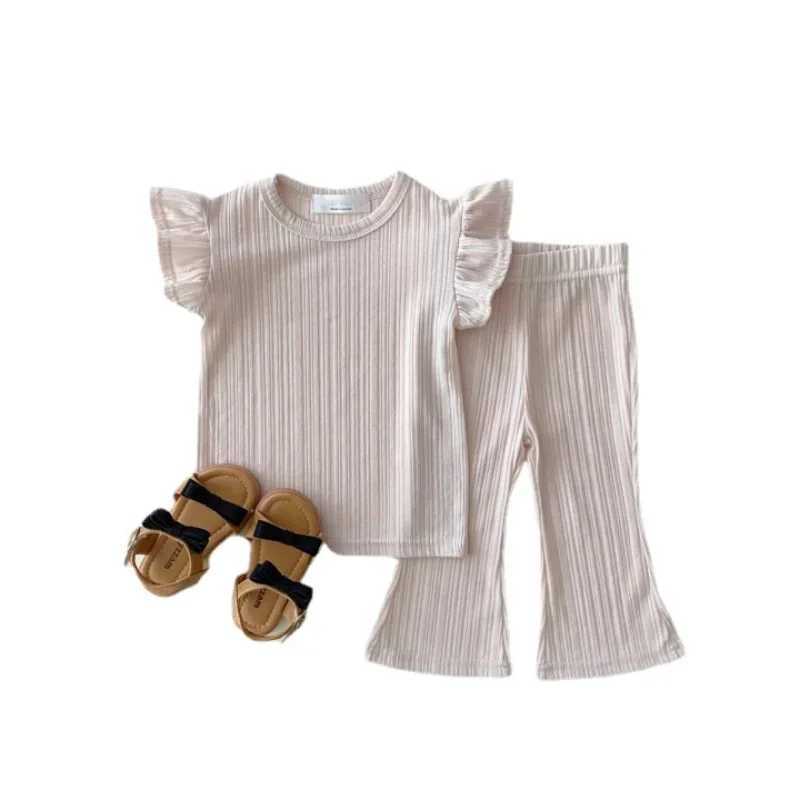 Clothing Sets 6535B Korean Childrens Clothing Set Summer Cool Thin Flight Sleeves Girl Set T-shirt+Bell Bottom Fashion Princess Set WX