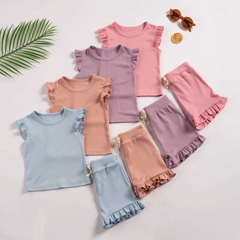 Clothing Sets Summer Girls Clothing Set 2-piece Flight Sleeves T-shirts Ruffled Shorts T-shirts Set Preschool Girls Clothing Set Pajamas Childrens Clo