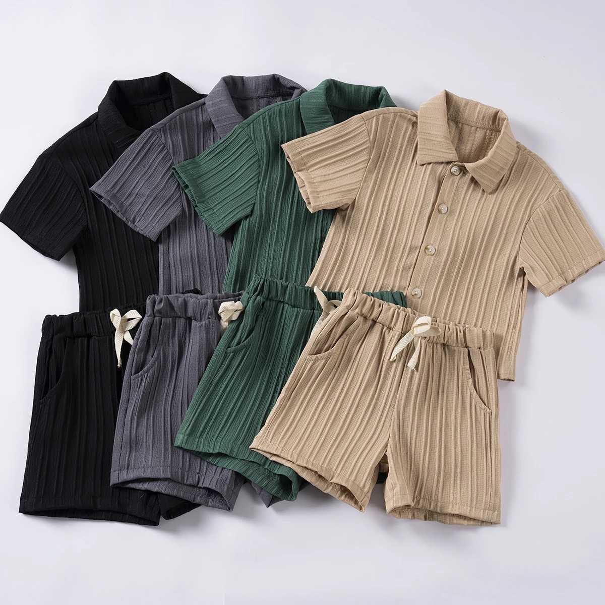 Clothing Sets Baby and toddler solid color texture summer set button up short sleeved lapel shirt and casual short sleeved baby boy clothing WX