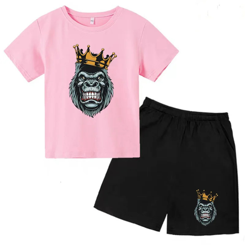 Kids Summer Short Sleeve T-shirt Boys Girls Toddlers 3-12Y Animal Gorilla Top Shorts 2P Cute Fun Pretty Girl Clothes Casual Set 240517