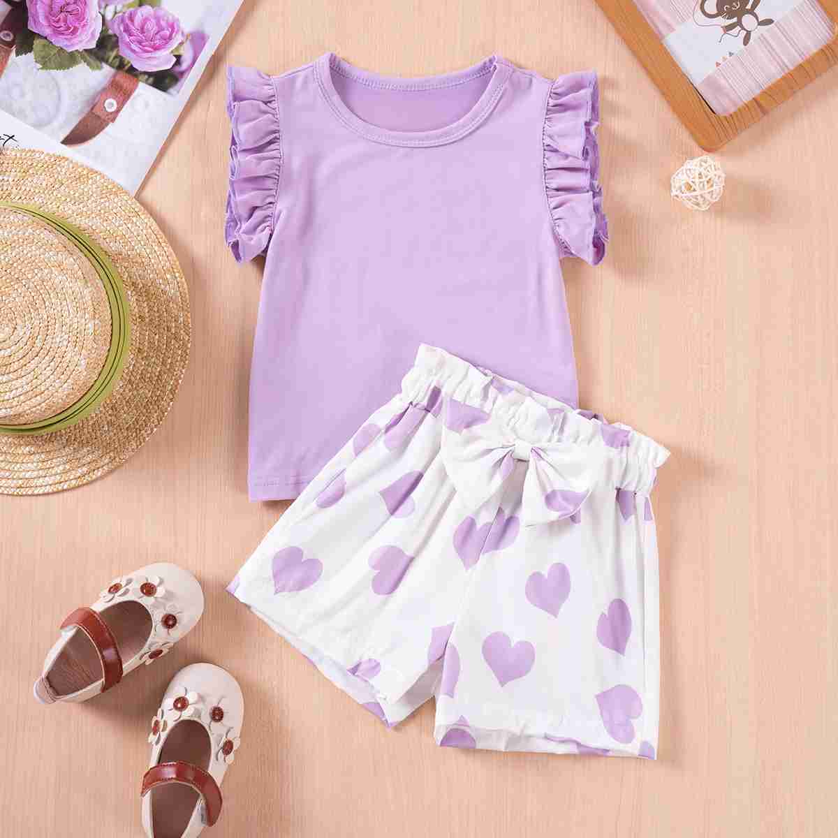 Clothing Sets Girls summer pleated clothing set girls solid color heart-shaped pattern flying sleeve short sleeved T-shirt set childrens shorts casual