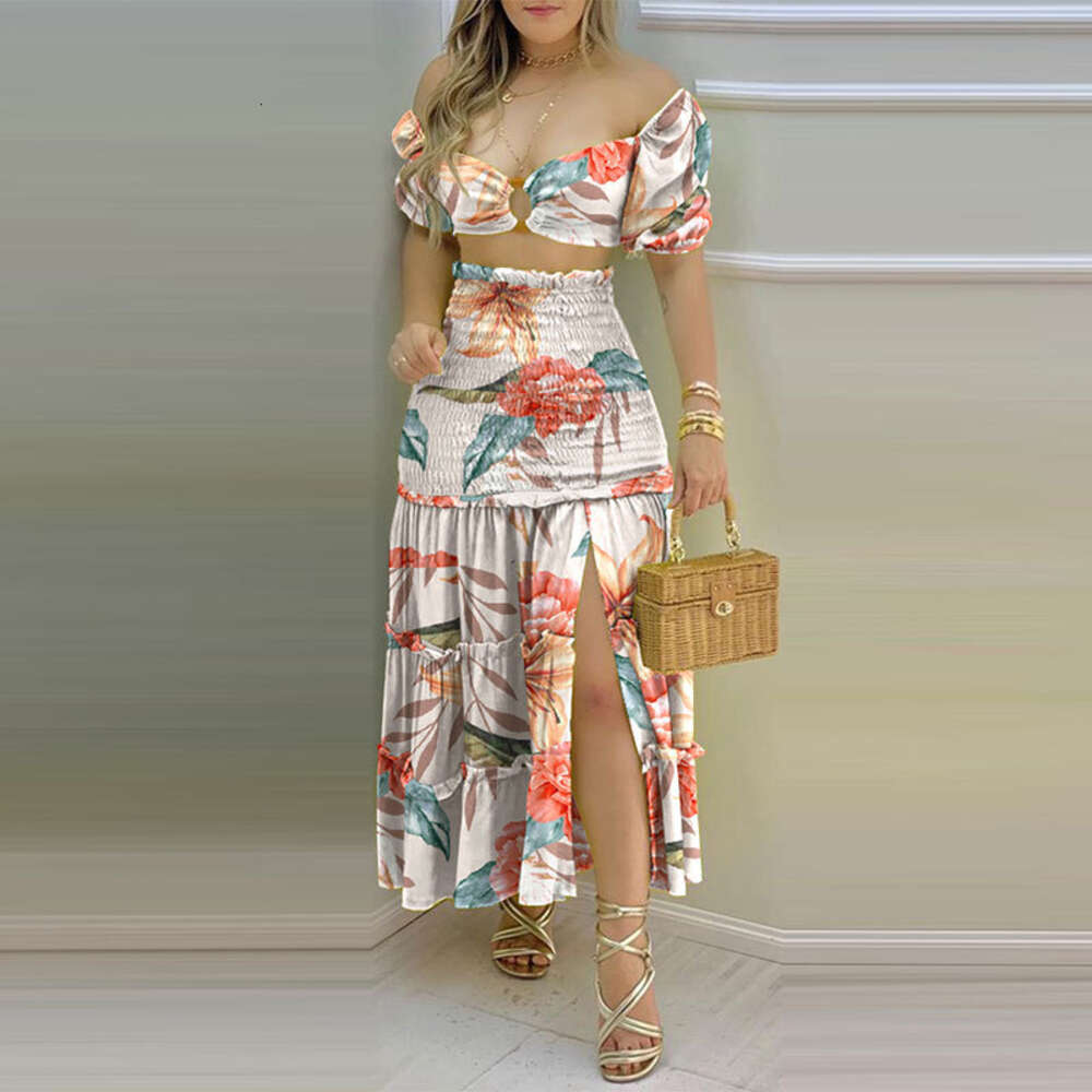 2024 Summer New Women's One Shoulder Printed Split Skirt Two Piece Set F51740