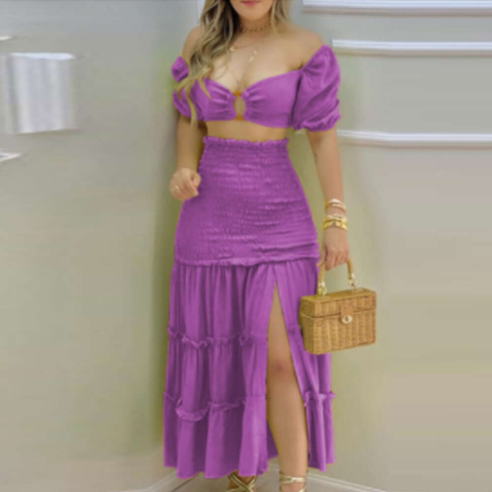 2024 Summer New Women's One Shoulder Printed Split Skirt Two Piece Set F51740