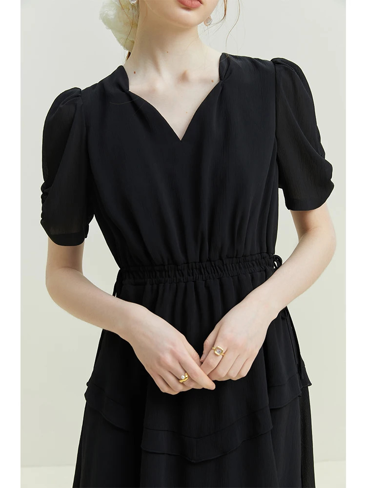 FSLE Women Black VNeck Short Dress Drawstring Waist Textured Fabric Office Lady Mini Dresses Puff Sleeve Chiffon 240513