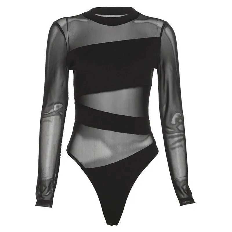 Women's Jumpsuits Rompers AVV Patchwork Mesh Women Bodysuits 2023 Long Slve S-through O Collar Slim Black Basic Bodycon Overalls Leotard Tops Y24