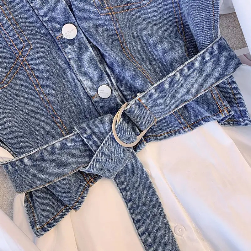 Spring Autumn Casual Denim Patchwork Shirt Womens Clothing Commute Turndown Collar Stylish Sashes Basic Singlebreasted Blouse 240517