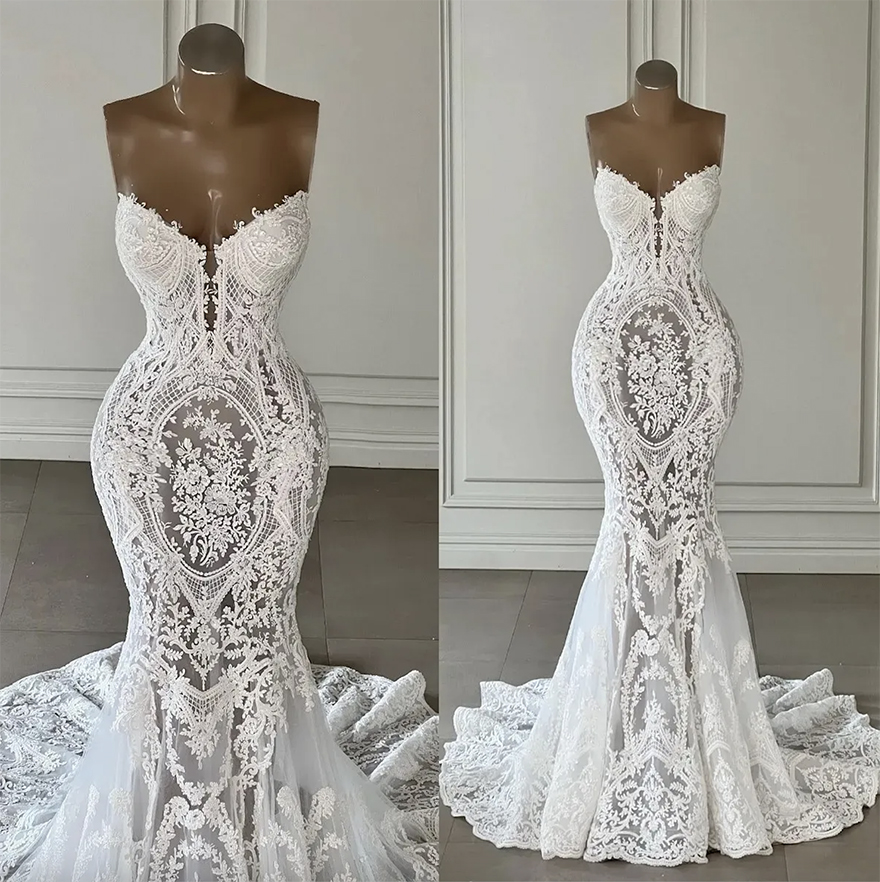 Lace Wedding Vintage Mermaid Dresses Sexy Strapless Open Back Vestidos De Novia Country Western Court Train Slim and Flare Trmpet Plus Size Boho Brida