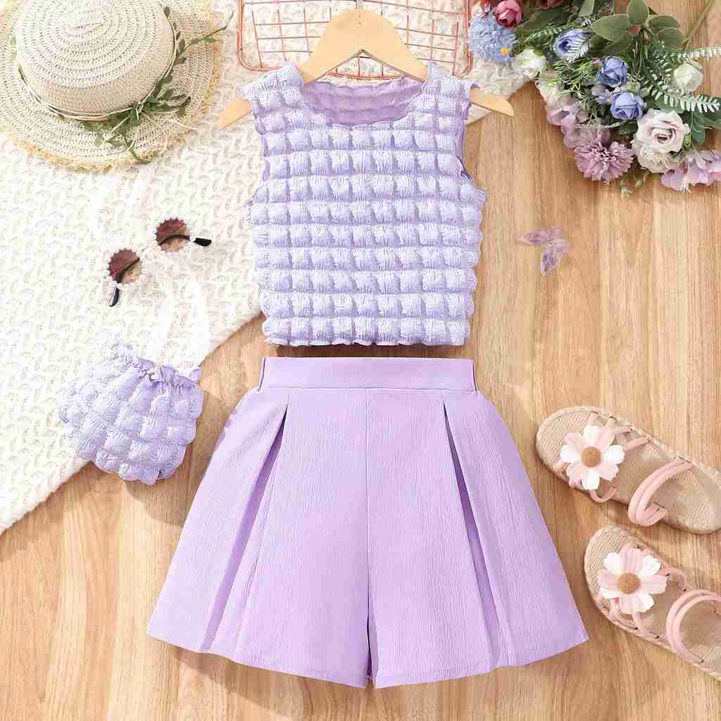 Clothing Sets 3-piece Youth Girls Sleeveless Top+Shorts+Bag 8 9 10 11 12Y Summer Korean Casual Comfortable Childrens and Girls Set WX