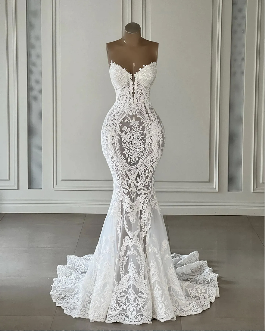 Lace Wedding Vintage Mermaid Dresses Sexy Strapless Open Back Vestidos De Novia Country Western Court Train Slim and Flare Trmpet Plus Size Boho Brida