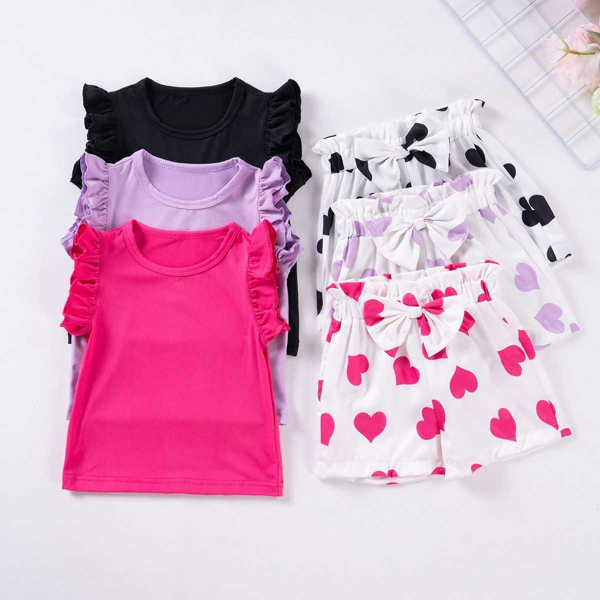 Clothing Sets Girls summer pleated clothing set girls solid color heart-shaped pattern flying sleeve short sleeved T-shirt set childrens shorts casual