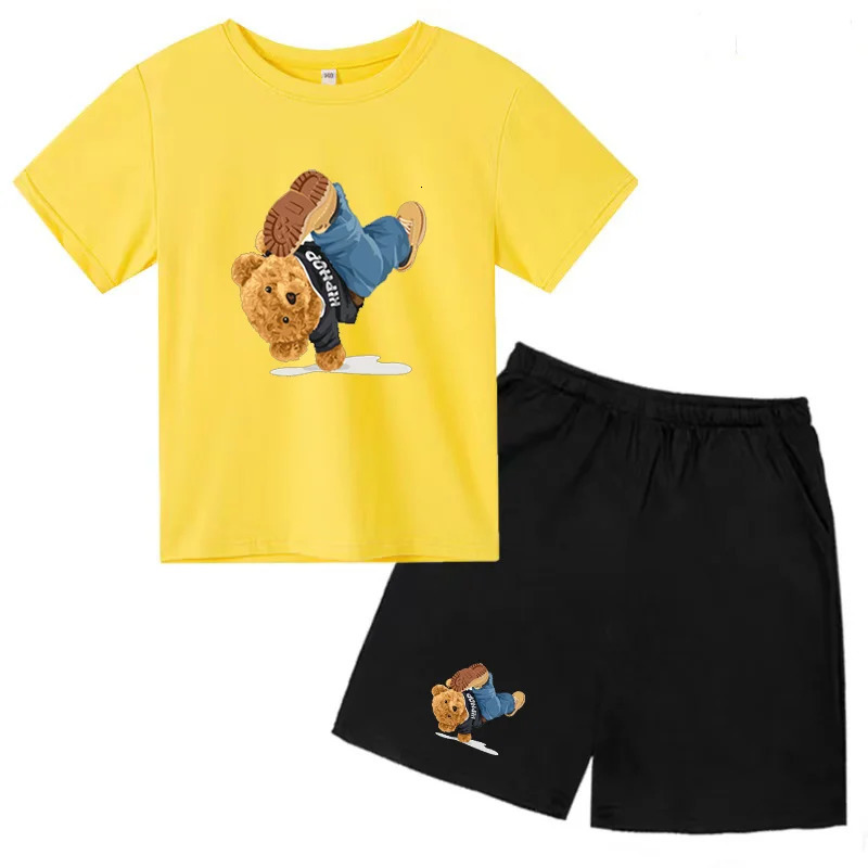 Fun Bear Car Inverted Print BoyGirl T-shirt Top Shorts 2 Piece Set Kids Summer Baby Cute Athleisure Suit for Ages 3-14 240517