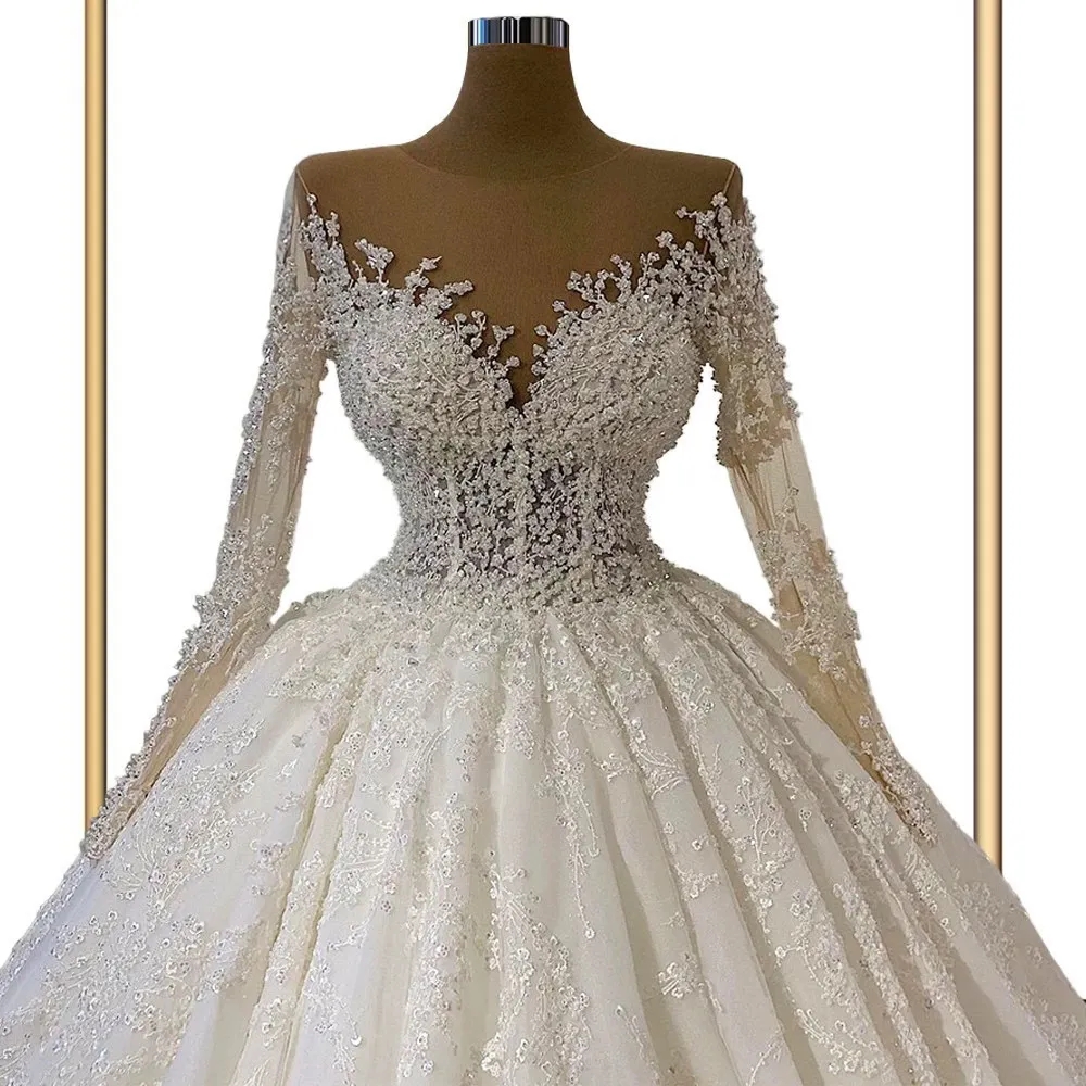 Beaded Long Sleeves Wedding Dresses Scoop Illusion Princess Appliques Bridal Gowns Robe De Mariage Ball Gown Vestido De Novia 6660312
