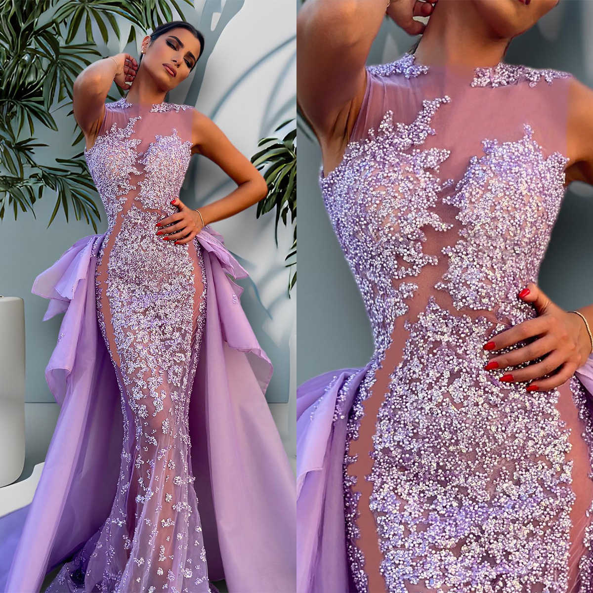 Design Prom Dresses Mermaid Appliques Illusion Sequins Tulle Sleeveless Detachable Train Zipper Custom Made Plus Size Party Evening Dress Vestido De N