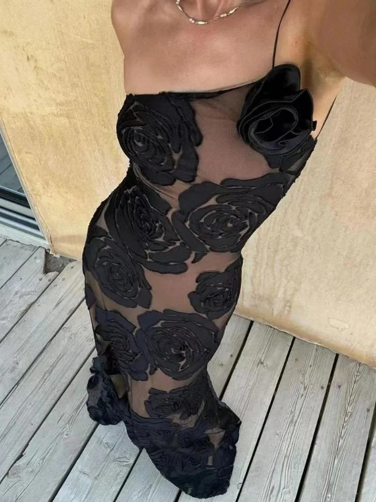 Black Velvet Flower Maxi Dress Women Sexy Semi Sheer Mesh Lined Backless Slim Formal Birthday Evening Party Dresses Summer 240517
