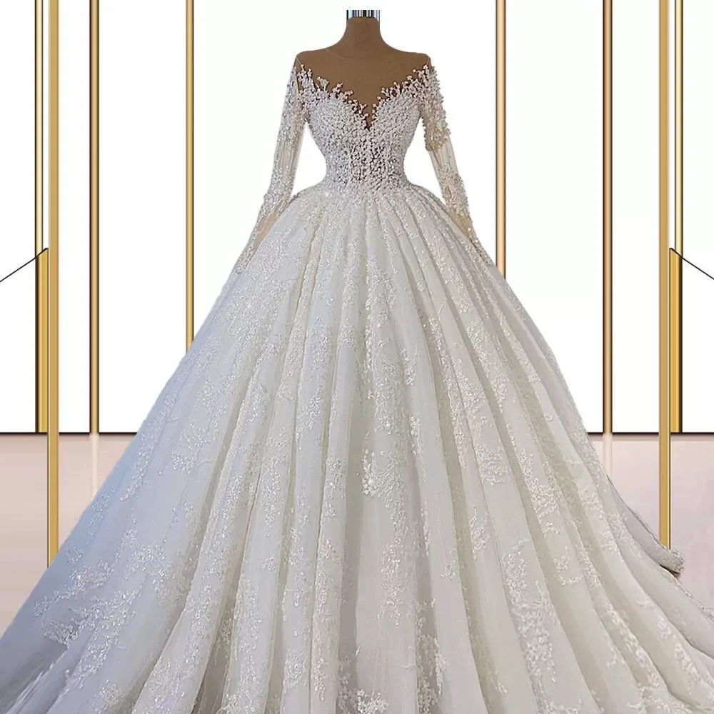 Beaded Long Sleeves Wedding Dresses Scoop Illusion Princess Appliques Bridal Gowns Robe De Mariage Ball Gown Vestido De Novia 6660312