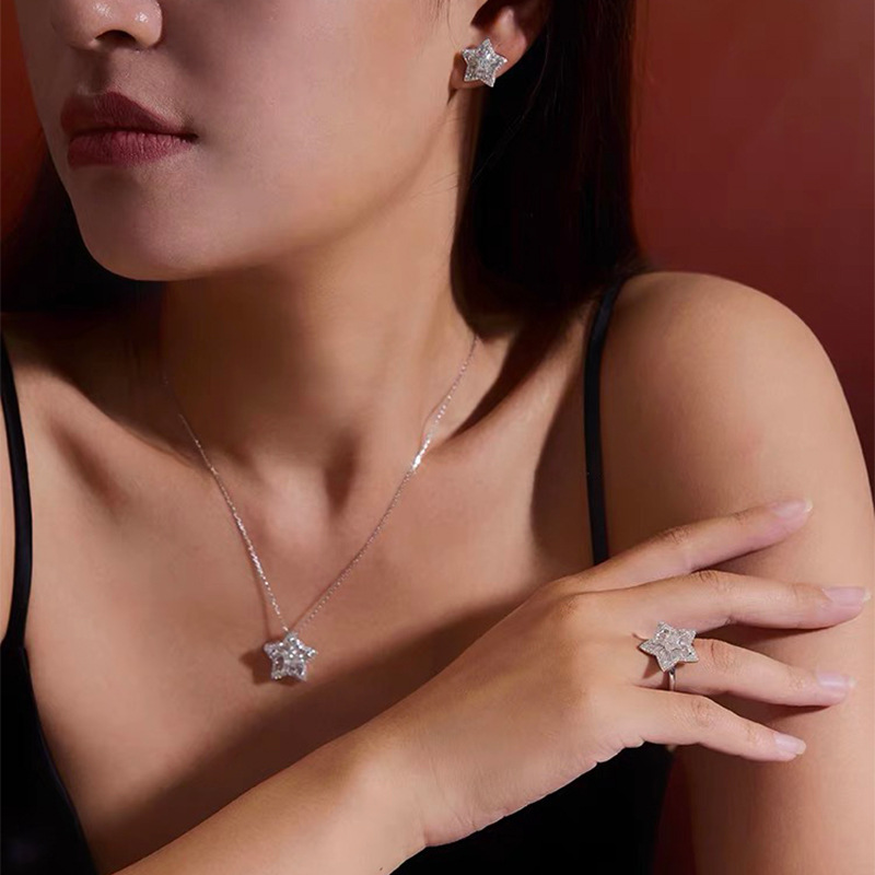 2024 Women's Fashion Wedding Jewelry Sets 925 Sterling Silver Fill Princess Cut White 5A Cubic Zircon CZ Diamond Open Ring Five Star Stud Earring