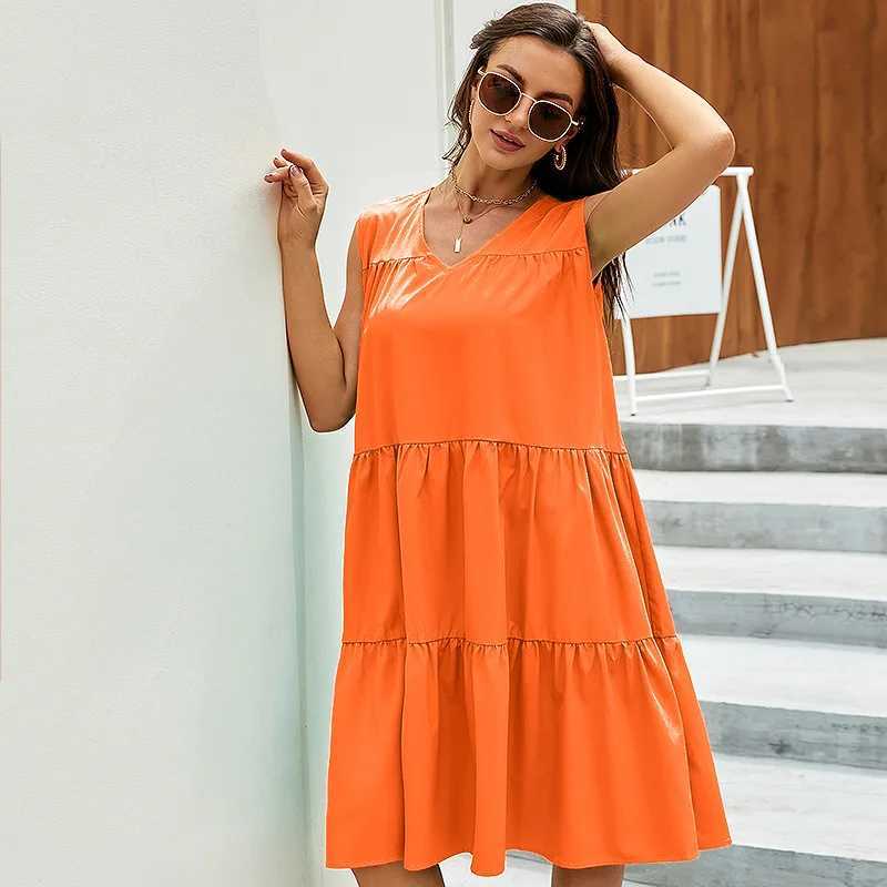 Basic Casual Dresses Orange bright dress spring and summer new all-matching small skirt fresh mini skirt beach holiday beach dress Y240515