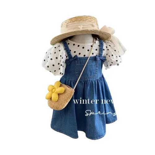 Clothing Sets Girls Summer Set 2023 New Polka Dot Puff Sleeves Short sleeved Top+Cowboy Bowband Dress 2-piece Clothing Set WX