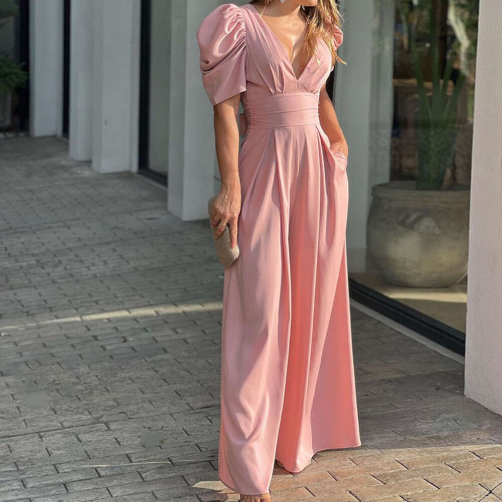 2024 Summer New Short sleeved Women's Fashion Elegant Large Size Wide Leg jumpsuit F51738
