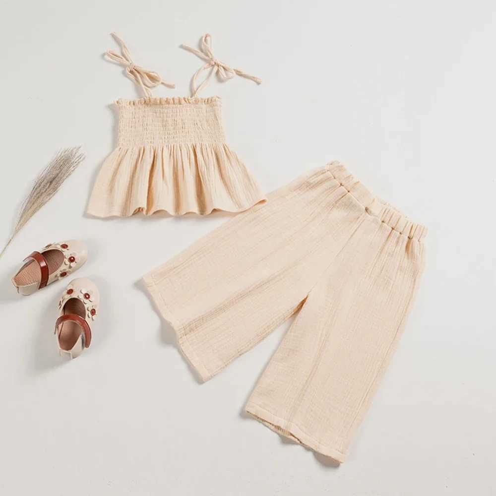 Clothing Sets Summer Girls Fine Cotton Top+Pants 2PCS Clothing Set Camissol Wide Legs Solid Casual Beach Soft Set WX