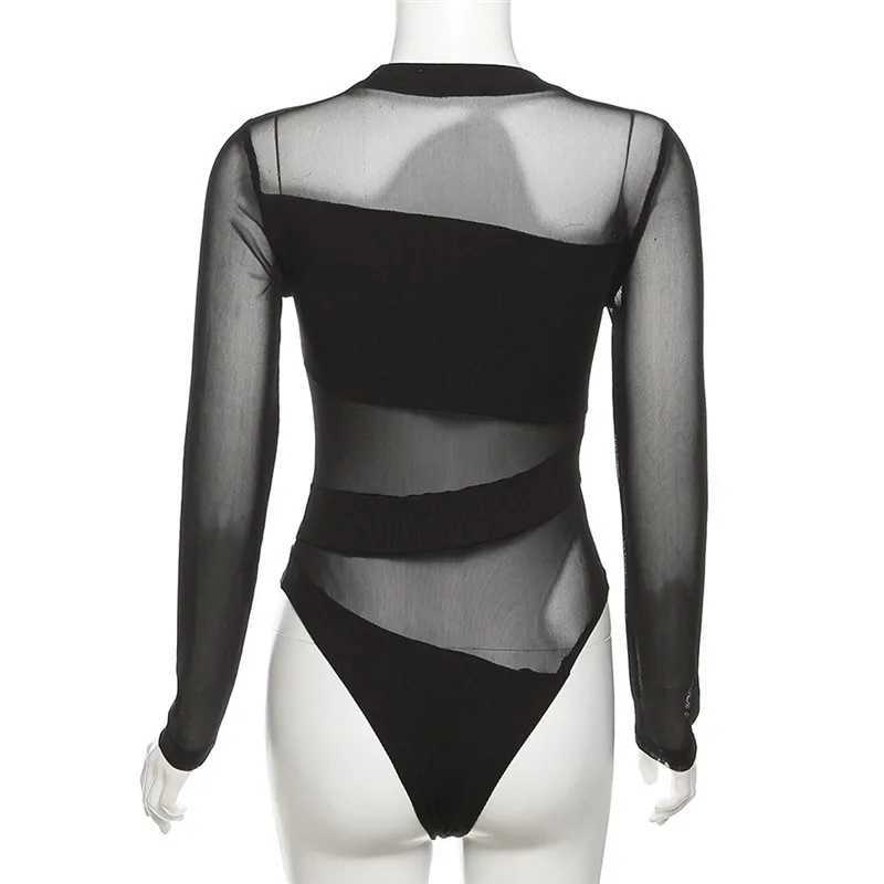 Women's Jumpsuits Rompers AVV Patchwork Mesh Women Bodysuits 2023 Long Slve S-through O Collar Slim Black Basic Bodycon Overalls Leotard Tops Y24