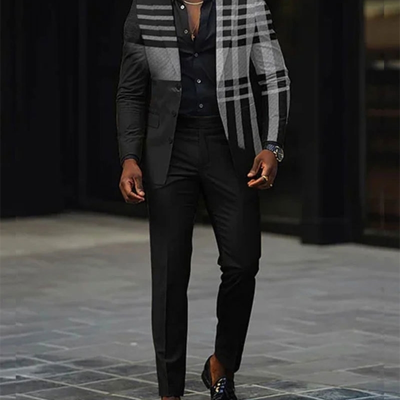 Mens Blazer Set Fashion Colorblock Plaid Lapel Collar Button Blazer Pants 2Pcs Set Male Business Casual Prom Suit 240429